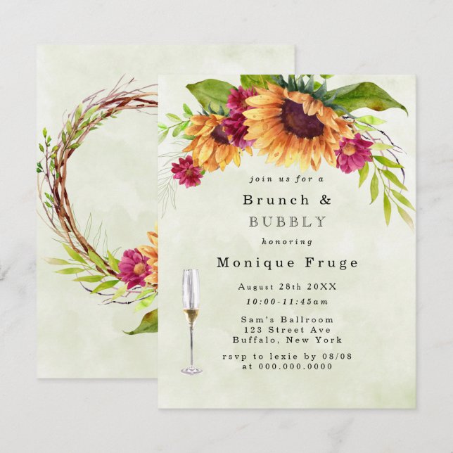 Sunflowers Pink Floral Brunch & Bubbly Invites (Front/Back)
