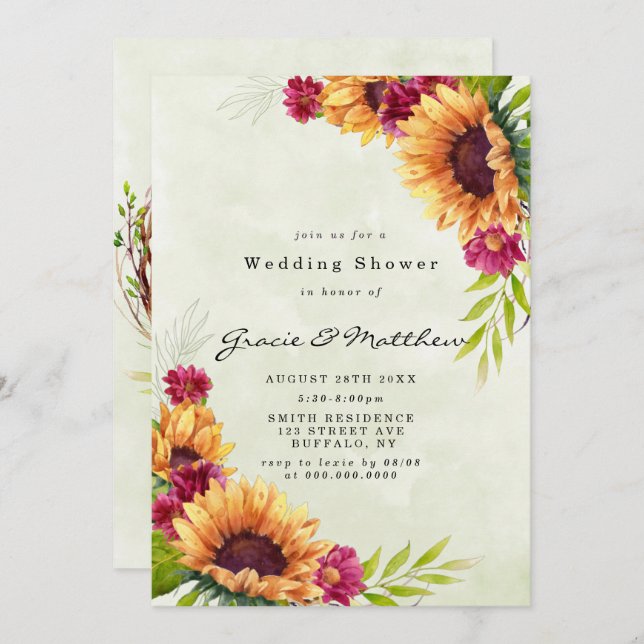 Sunflowers Pink Floral Wedding Shower Invitations (Front/Back)