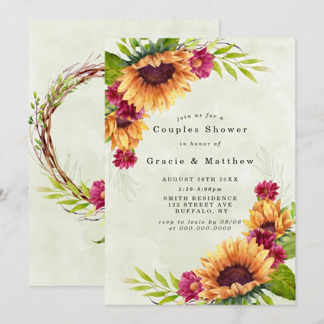Sunflowers Pink Florals Couples Shower Invitations (Front/Back)