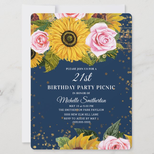Sunflowers Pink Roses Gold Glitter 21st Birthday I Invitation (Front)