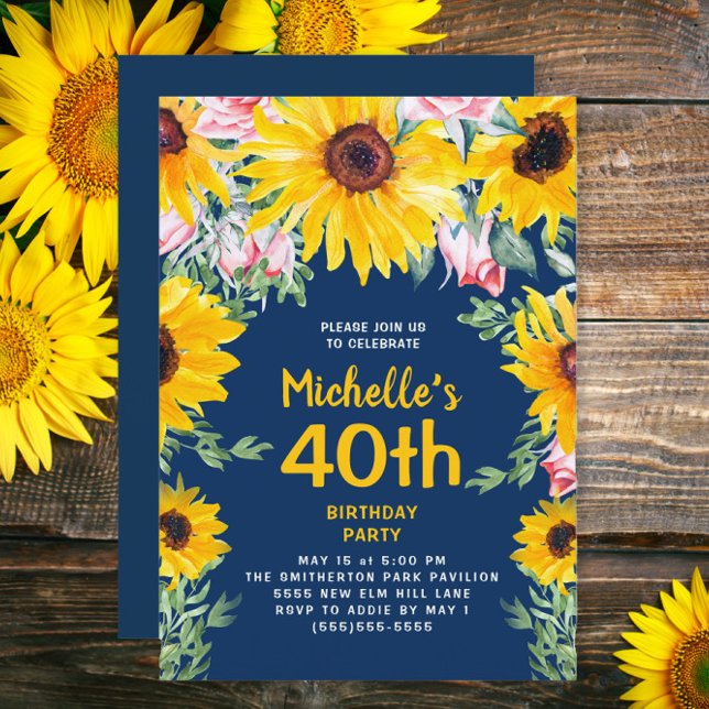 Sunflowers Pink Roses Navy Blue 40th Birthday Invitation (Sunflowers and pink roses on navy blue 40th birthday party invitation)