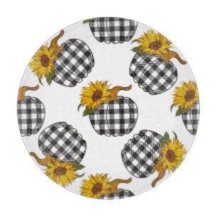 Sunflowers, plaid pumpkin, farmhouse decor cutting board