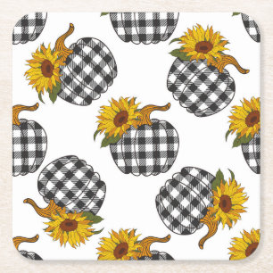 Sunflowers, plaid pumpkin, farmhouse decor square paper coaster