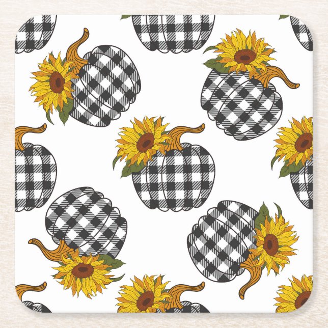 Sunflowers, plaid pumpkin, farmhouse decor square paper coaster (Front)