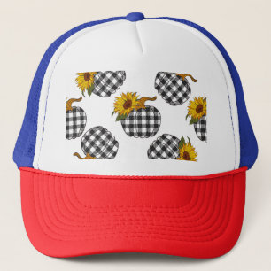 Sunflowers, plaid pumpkin, farmhouse decor trucker hat