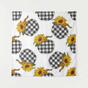Sunflowers Plaid Pumpkin seamless pattern. Farmhou Tapestry