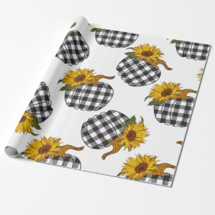 Sunflowers Plaid Pumpkin seamless pattern. Farmhou Wrapping Paper
