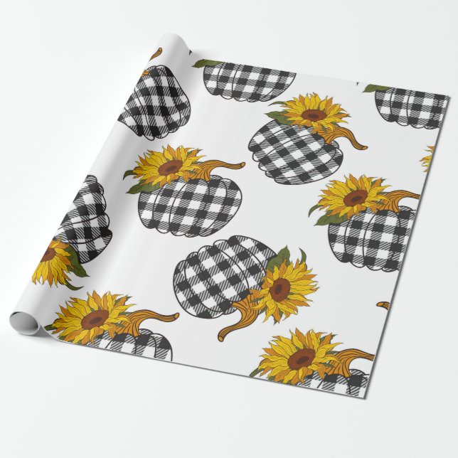 Sunflowers Plaid Pumpkin seamless pattern. Farmhou Wrapping Paper (Unrolled)