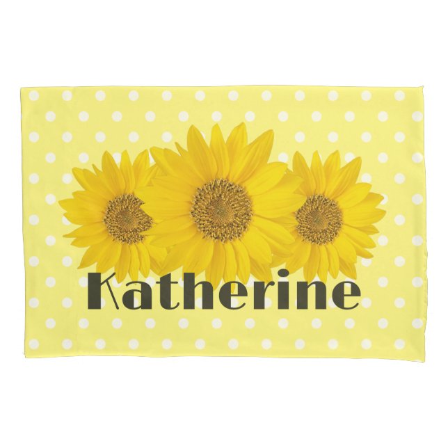Sunflowers Polka Dots Custom Name Yellow Pillowcase (Front)