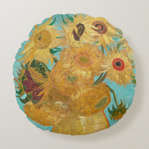 Sunflowers, Post Impressionist Still Life Painting Round Cushion