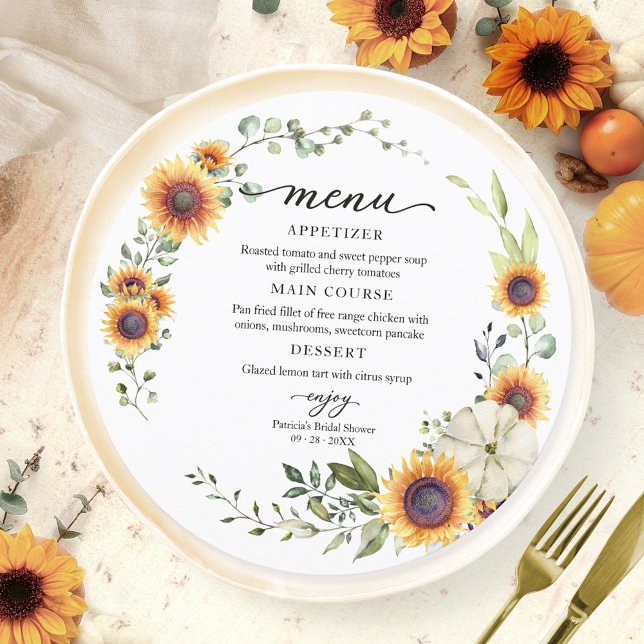 Sunflowers Pumpkin Bridal Shower Circle Menu Card (Creator Uploaded)