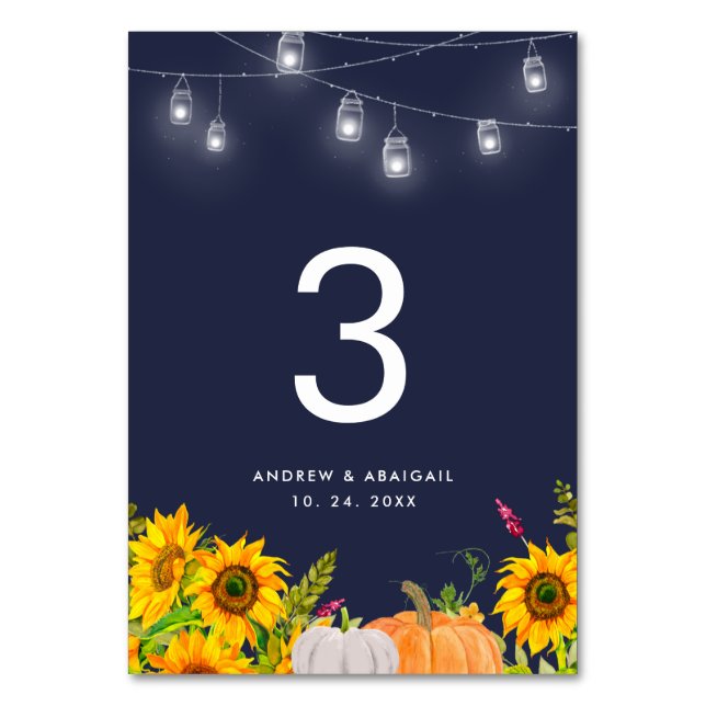 Sunflowers Pumpkin String Lights Blue Wedding Table Number (Front)