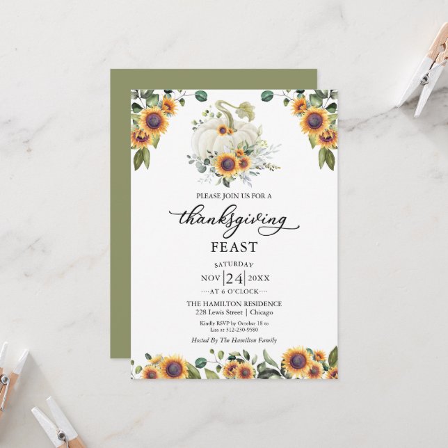 Sunflowers Pumpkin Thanksgiving Feast Invitation (Front/Back In Situ)