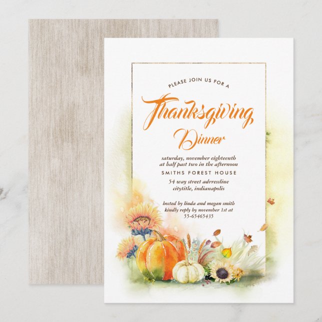 Sunflowers Pumpkins Fall Thanksgiving Dinner Invitation (Front/Back)
