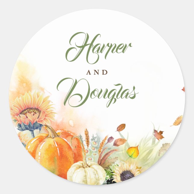 Sunflowers Pumpkins Wheat and Falling Fall Leaves Classic Round Sticker (Front)