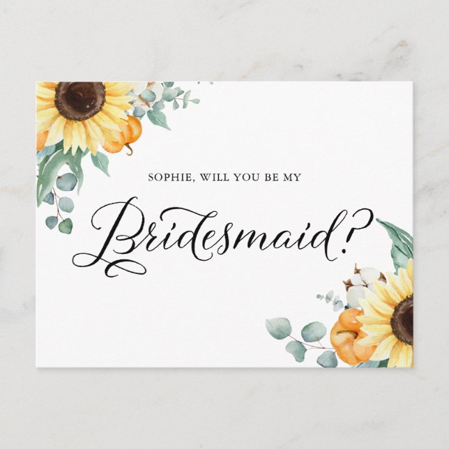 Sunflowers Pumpkins Will You Be My Bridesmaid Card (Front)