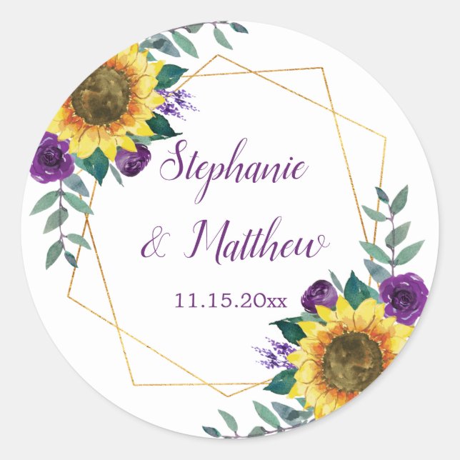 Sunflowers Purple Floral Geometric Wedding Classic Round Sticker (Front)