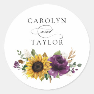 Sunflowers Purple Floral Greenery Rustic Envelope Classic Round Sticker
