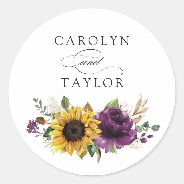 Sunflowers Purple Floral Greenery Rustic Envelope Classic Round Sticker (Front)