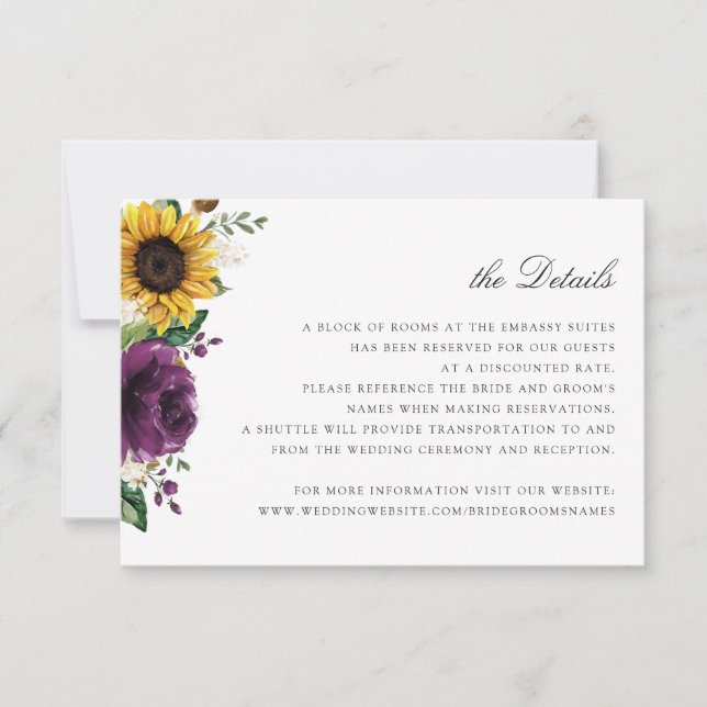 Sunflowers Purple Floral Wedding Details Card (Front)