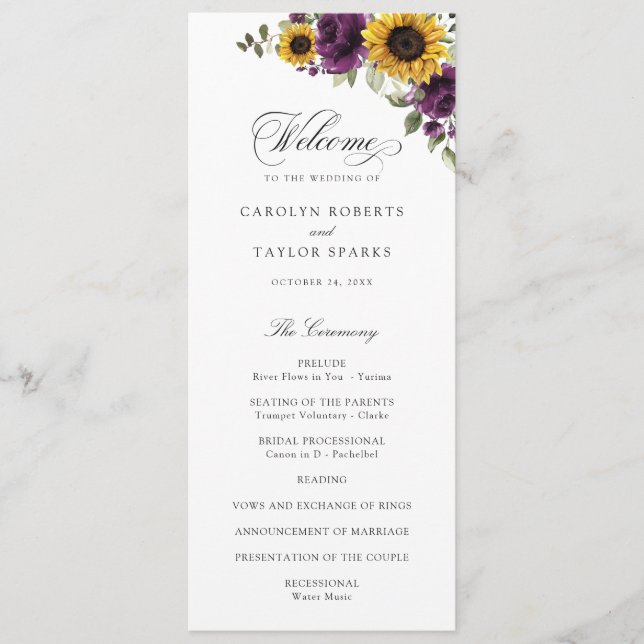 Sunflowers Purple Greenery Floral Rustic Wedding Programme (Front)