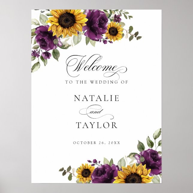Sunflowers Purple Greenery Wedding Welcome Sign (Front)