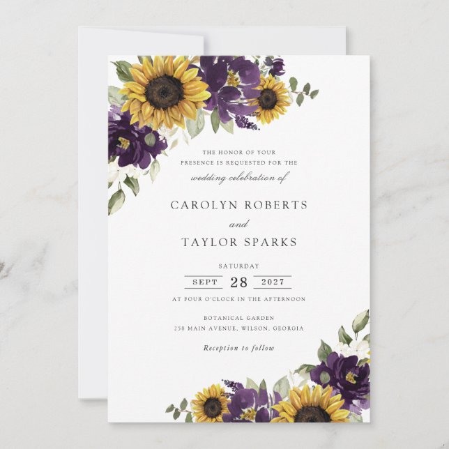 Sunflowers Purple Violet Flowers Greenery Wedding Invitation (Front)