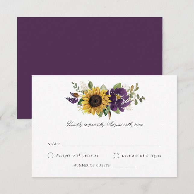 Sunflowers Purple Violet Flowers Wedding RSVP Invitation (Front/Back)
