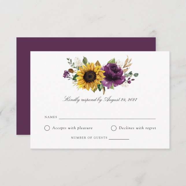 Sunflowers Purple Violet Greenery Wedding RSVP  Invitation (Front/Back)