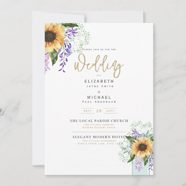 Sunflowers Purple Wisteria Modern Wedding INVITE (Front)