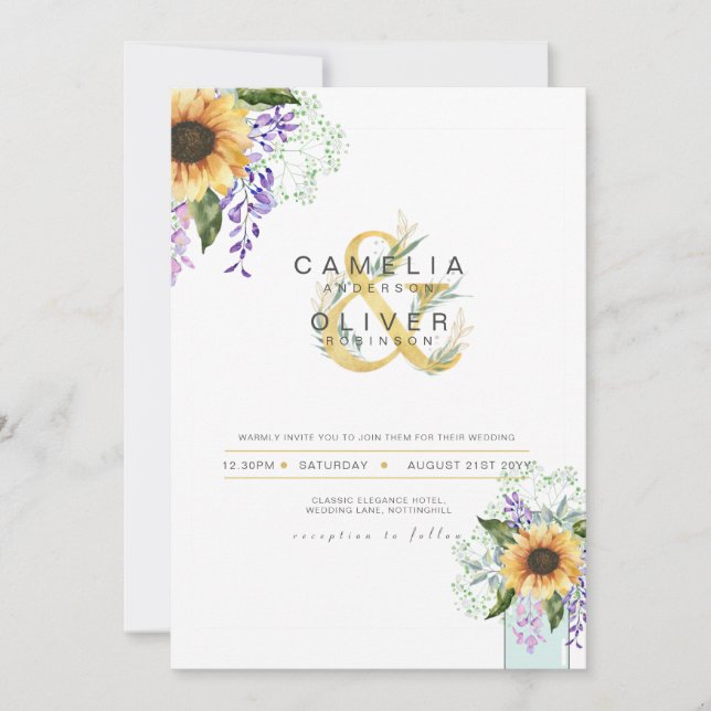 Sunflowers Purple Wisteria Modern Wedding INVITE (Front)