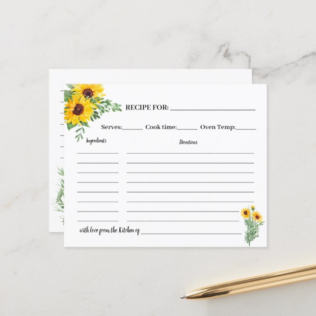 Sunflowers Recipe Card Bridal Shower (Front/Back In Situ)