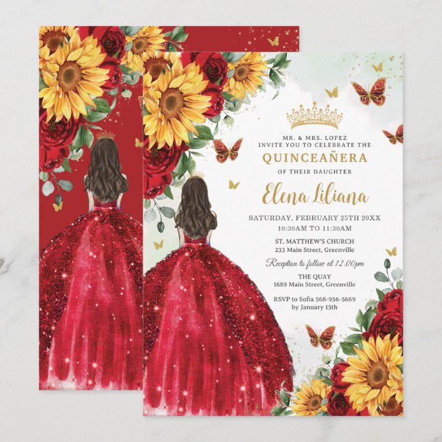 Sunflowers Red Floral Dress Quinceañera Sweet 16 Invitation (Front/Back)
