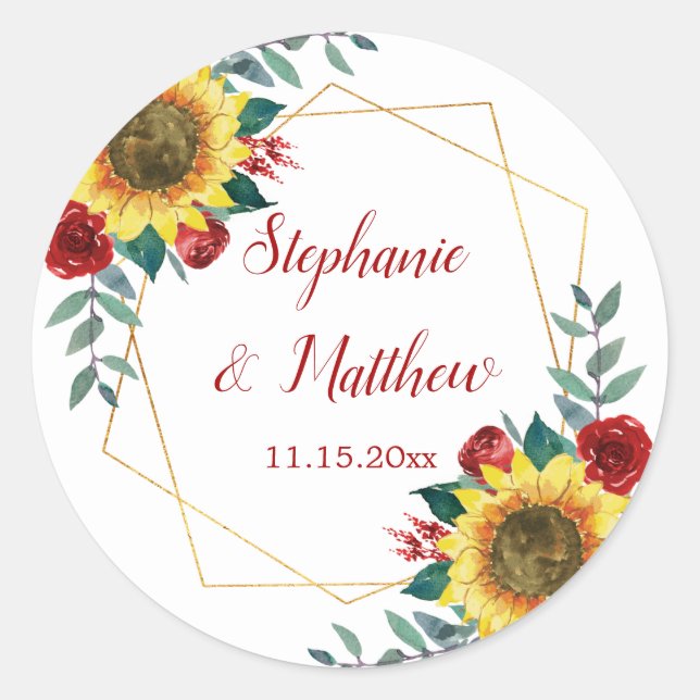 Sunflowers Red Floral Geometric Wedding Classic Round Sticker (Front)