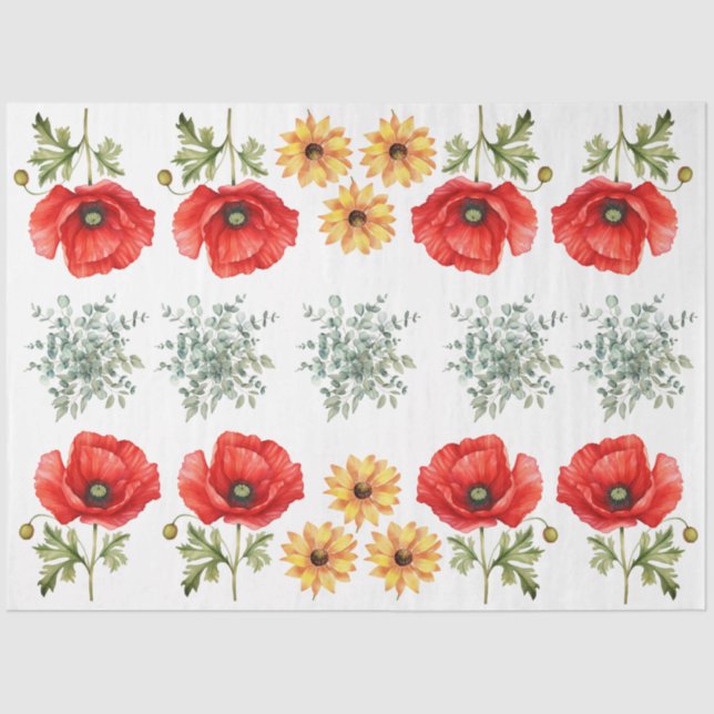 Sunflowers, Red Poppies & Eucalyptus  Decoupage Tissue Paper (Front)