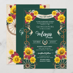 Sunflowers Red Rose Emerald Charro Quinceanera Invitation