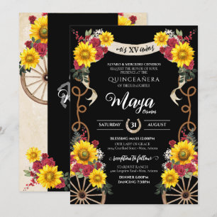 Sunflowers Red Roses Black Charro Quinceanera Invi Invitation