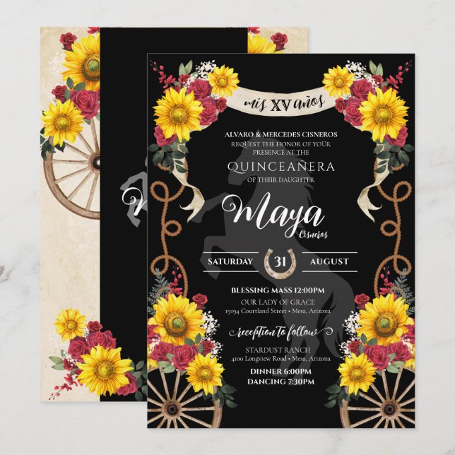 Sunflowers Red Roses Black Charro Quinceanera Invitation (Front/Back)