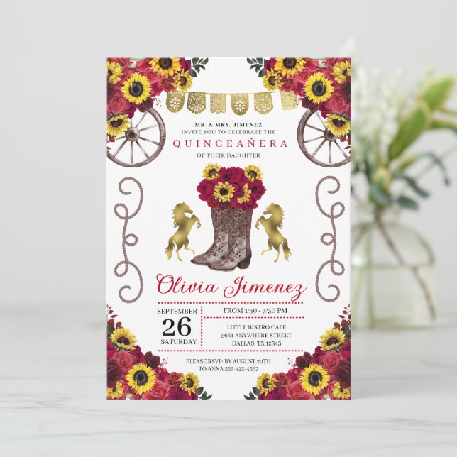 Sunflowers Red Roses Cowgirl Boots Quinceanera Invitation (Standing Front)