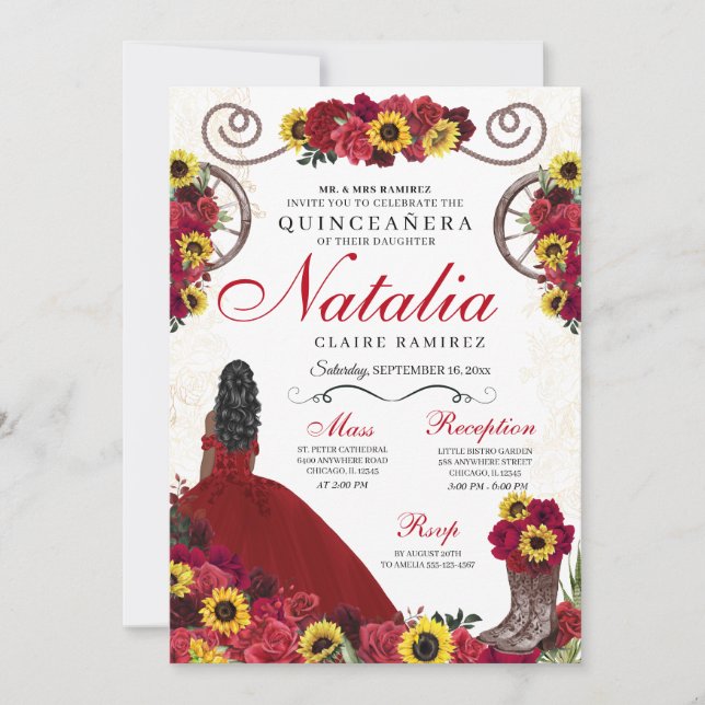 Sunflowers Red Roses Cowgirl Western Quinceanera Invitation (Front)