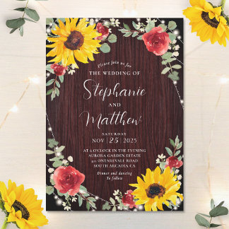 Sunflowers Red Roses Lights Wood Wedding Invitation