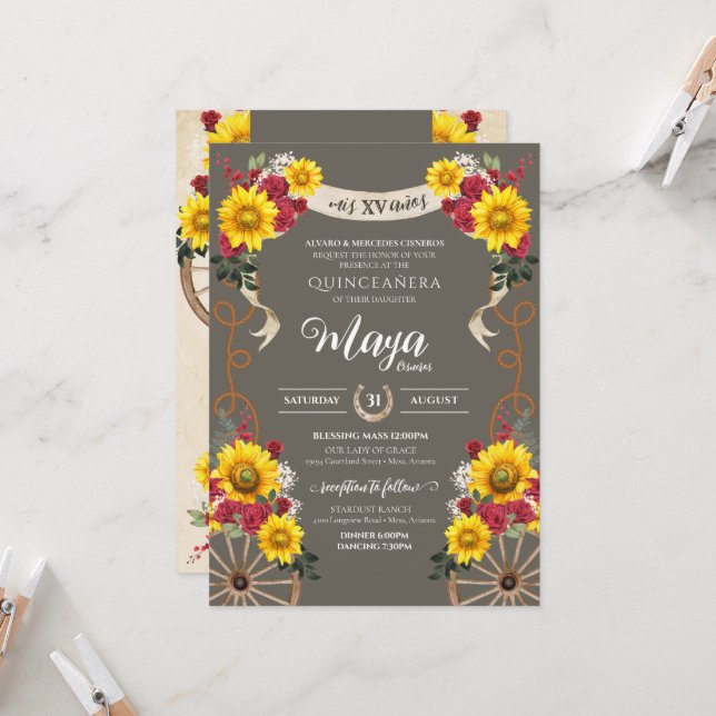 Sunflowers Red Roses Rustic Charro Quinceanera Invitation (Front/Back In Situ)