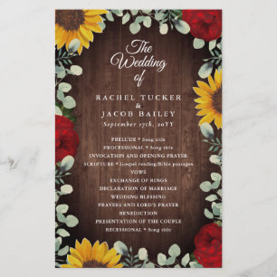 Sunflowers Red Roses Rustic Wood Wedding Program