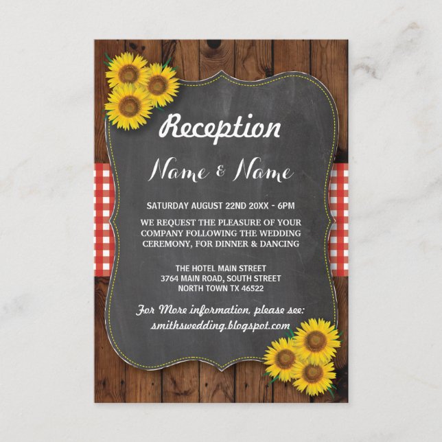 Sunflowers Red Rustic Wedding Reception Cards (Front)