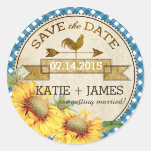 Sunflowers Rooster Rustic Save the Date Label