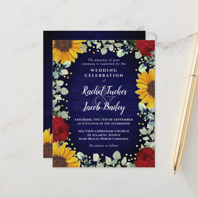 Sunflowers Roses Gold Dots Blue Wedding Invitation (Front/Back In Situ)