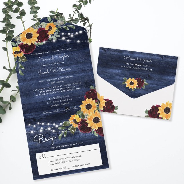 Sunflowers Roses Rustic Navy Blue Wood Wedding All In One Invitation (Creator Uploaded)