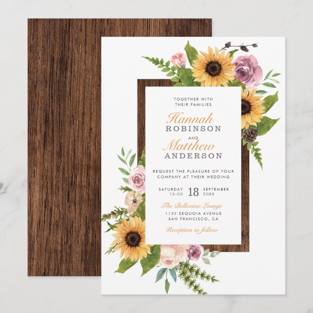 Sunflowers, Roses & Rustic Wood | Country Wedding Invitation (Front/Back)