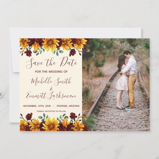 Sunflowers Rustic Country Burgundy Save the Date (Front)
