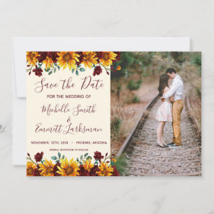 Sunflowers Rustic Country Burgundy Save the Date